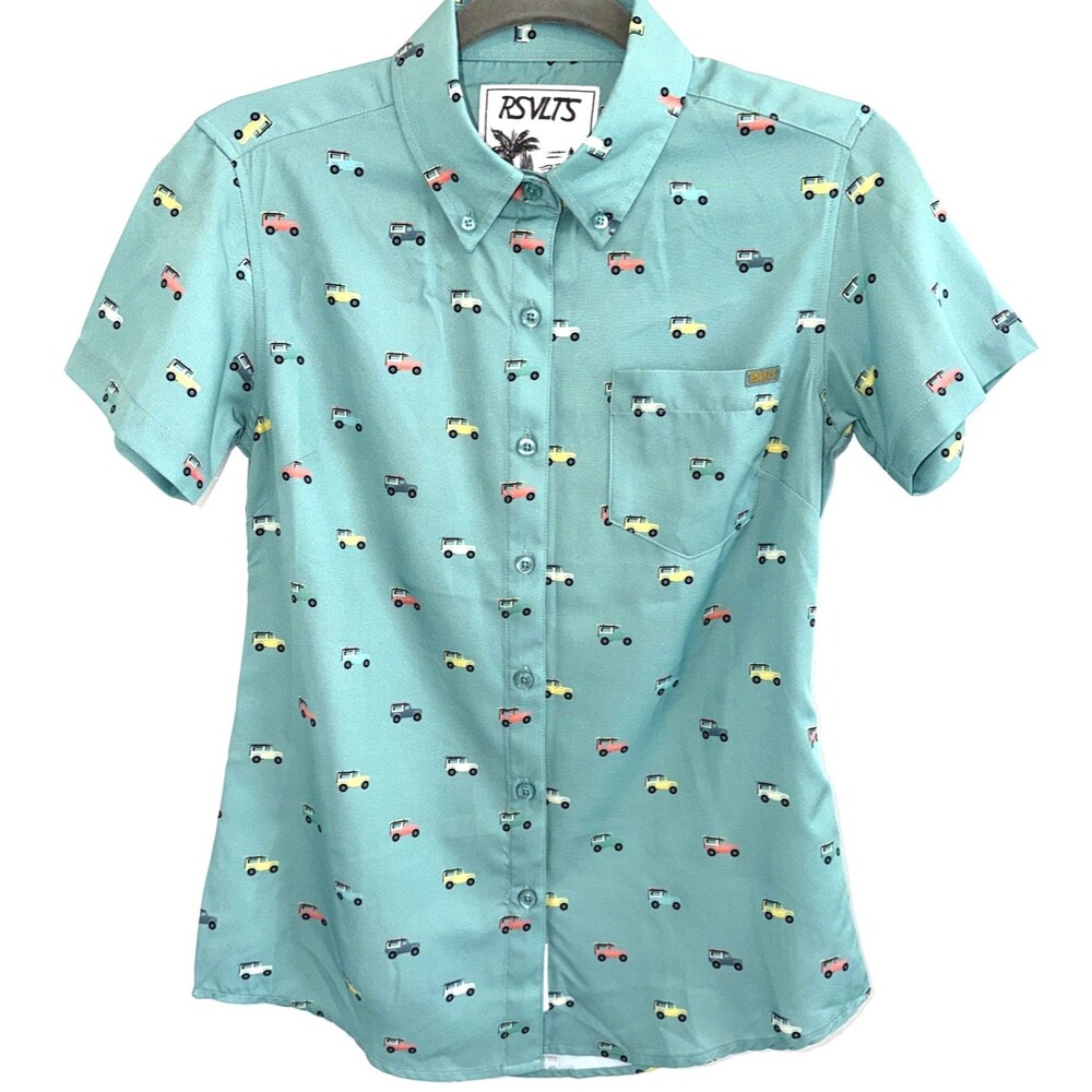 RSVLTS Womens XS Aloha Surf Board Cruiser Shirt Aqua Kunuflex Land Rover Retro